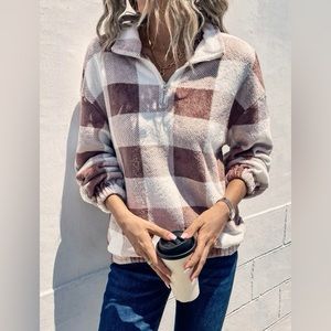 SHEIN LUNE Buffalo Plaid Pattern Drop Shoulder Quarter Zipper Sweatshirt